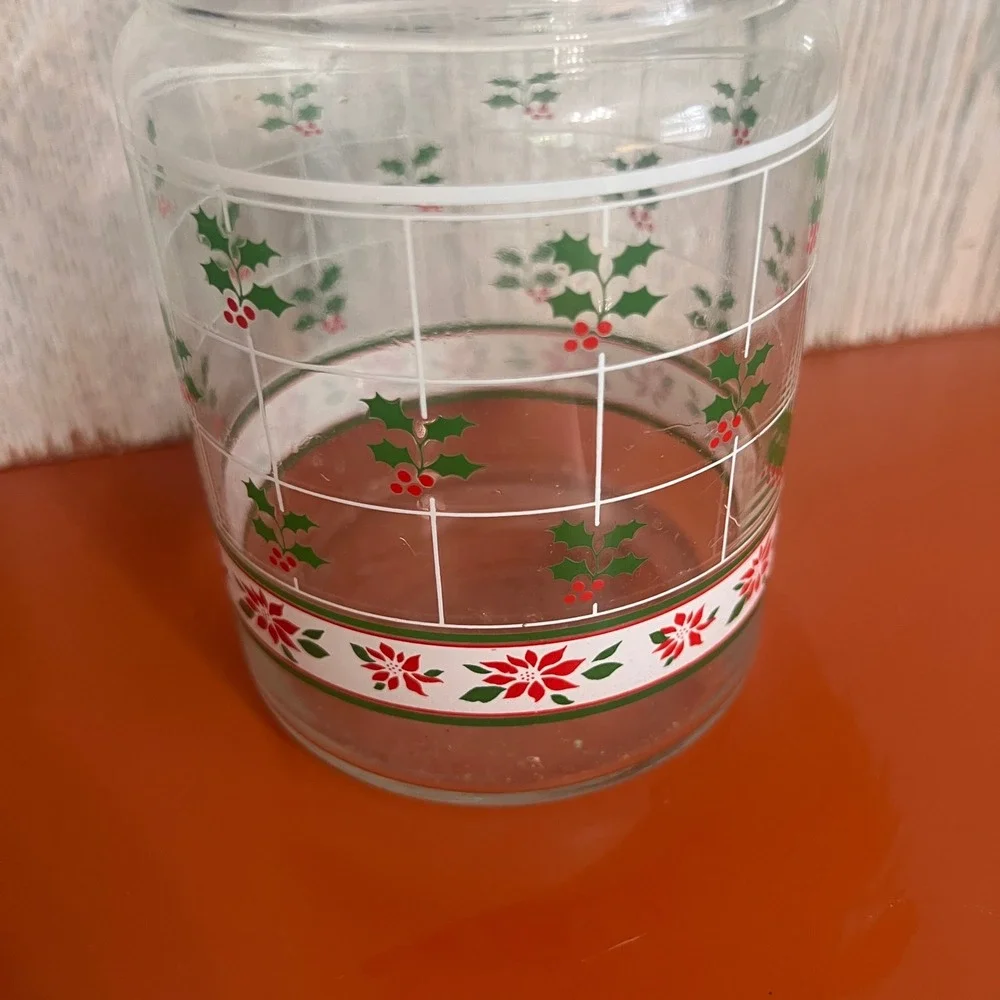Vintage Christmas Glass Canister Holly Berry Poinsettia Holiday Jar with Lid
